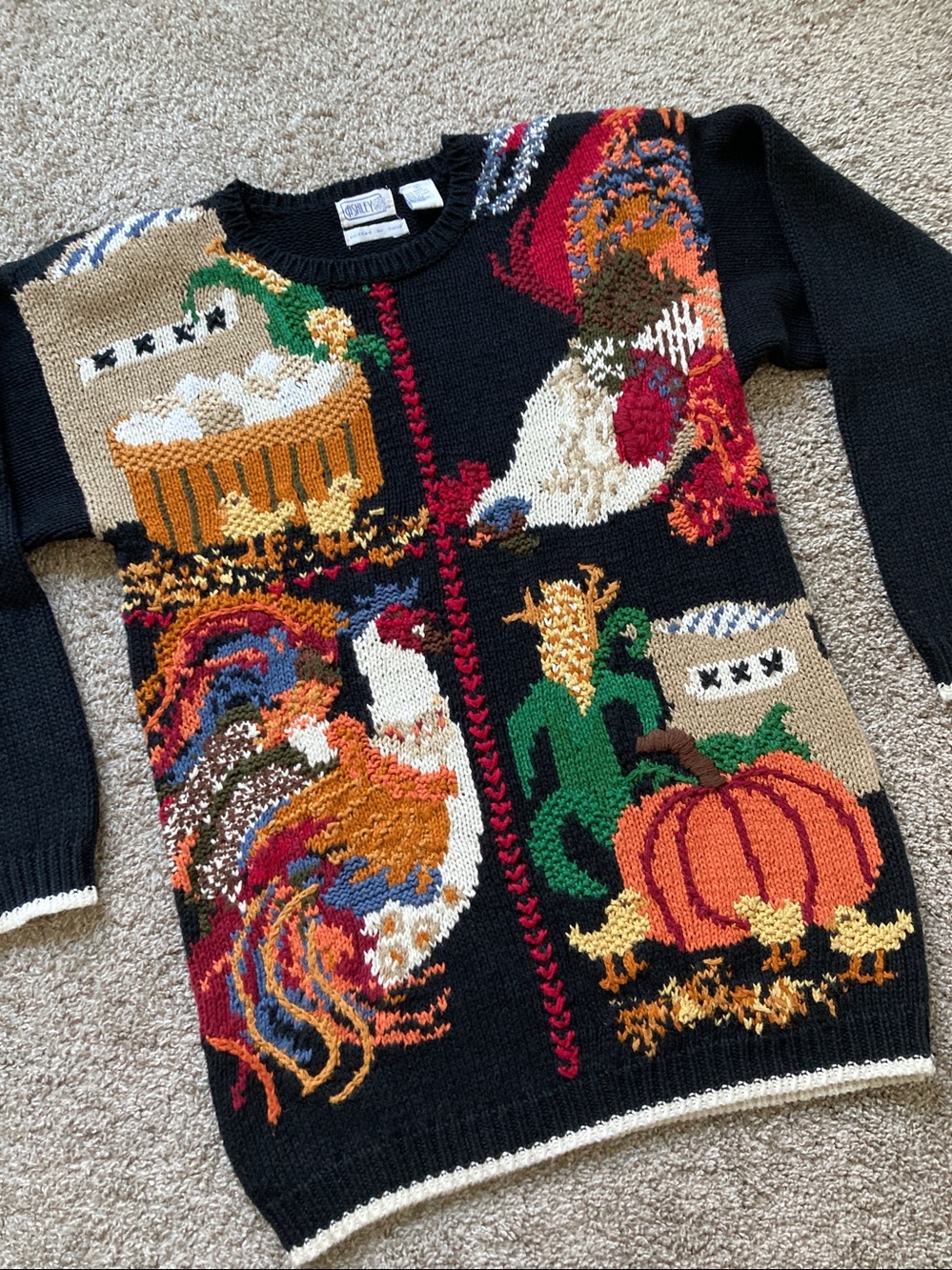Vintage 90s Farm Animal Pumpkin Chicken Autumn Fall Harvest Sweater Ashley sz S - Picture 2 of 12